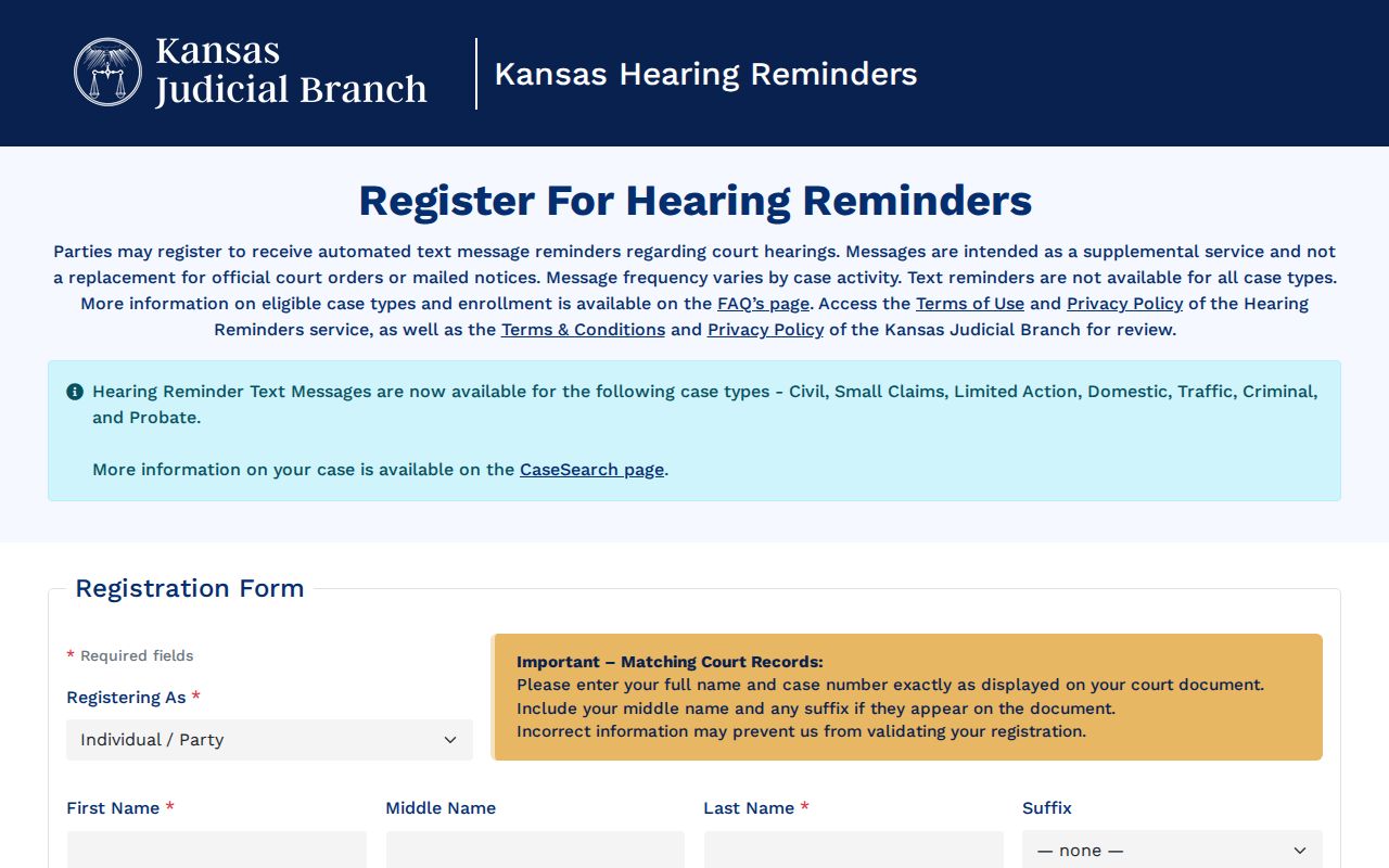 Kansas hearing reminder service supplementing Logan County court schedule