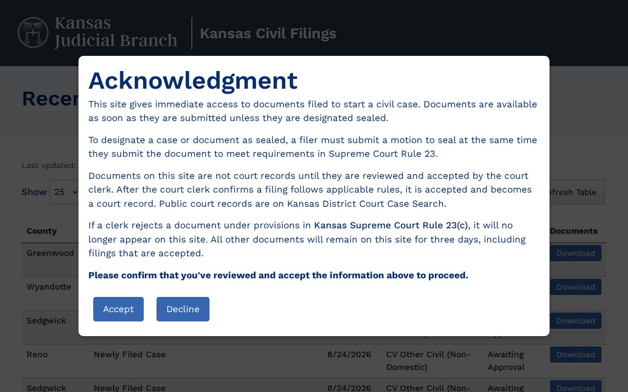 Kansas Civil Filings preview for new Logan County civil filings