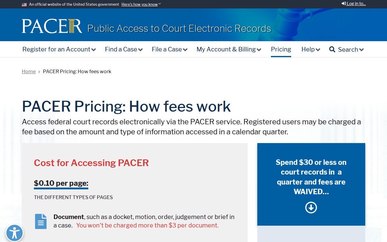 Official PACER fee information