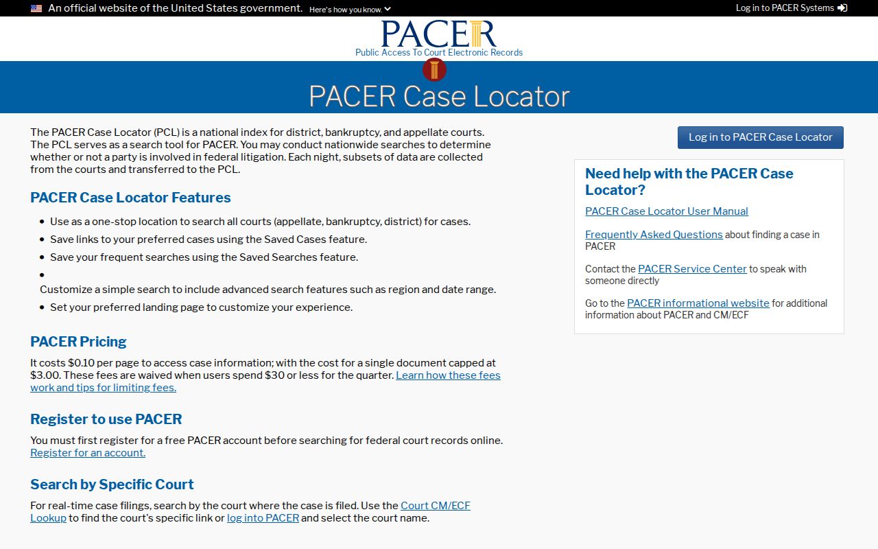 PACER Case Locator for federal criminal dockets separate from Logan County court