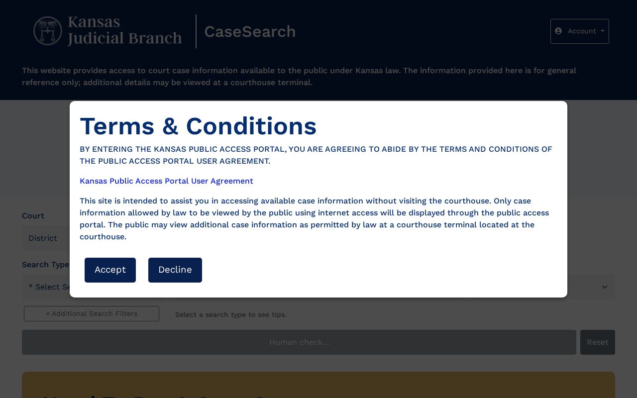 Kansas CaseSearch application screen for Logan County docket lookup