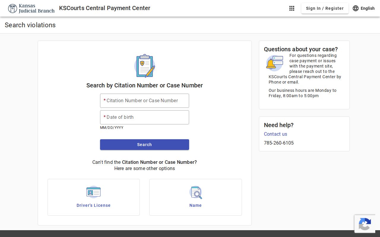 Central Payment Center traffic search fields for Logan County tickets